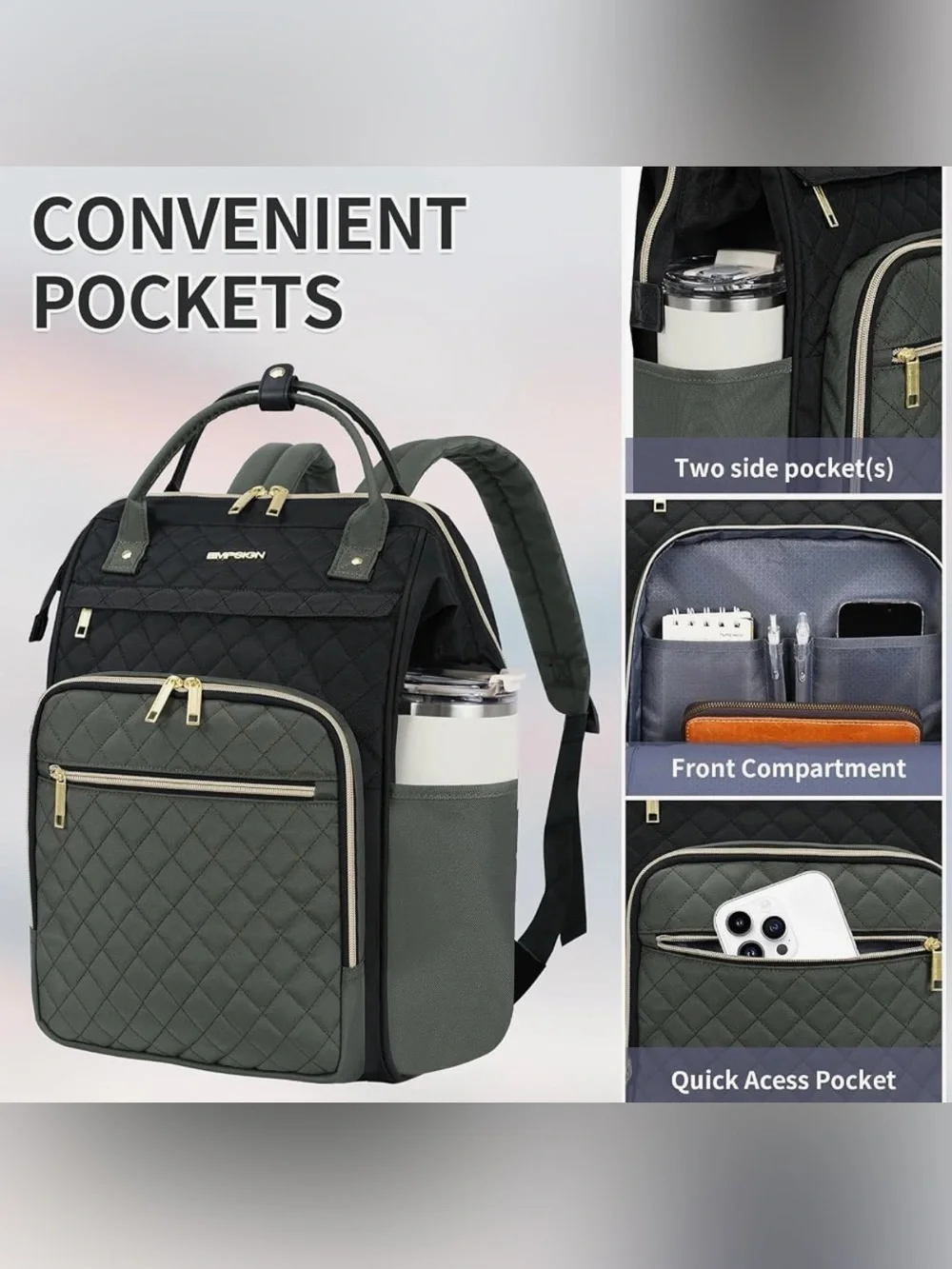 EMPSIGN 17 Inch Laptop Backpack for Women, Black-Army Green - NWT